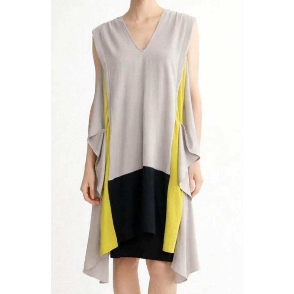 BCBGMAXAZRIA Runway Dress M Gray Yellow Black Draped Asymmetrical Belted